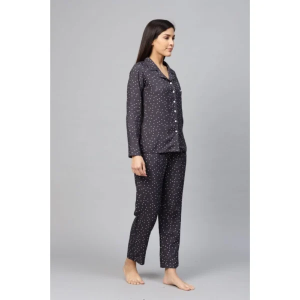 Women's Casual Full Sleeves Polka Dot Printed Rayon Shirt With Pyjama Pant Night Suit Set (Grey) - Image 5