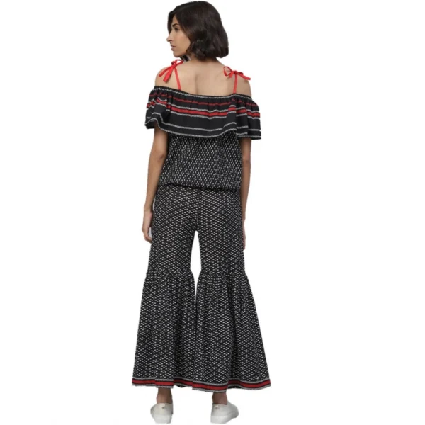 Women's Casual shoulder sleeve Geomatrical Printed Cotton Dress (Black) - Image 2