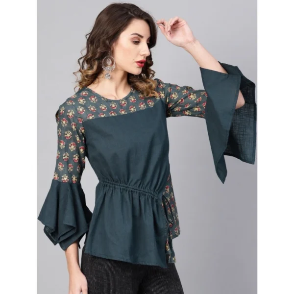 Women's Casual Bell Sleeves Floral Printed Cotton Slub Top (Grey) - Image 3