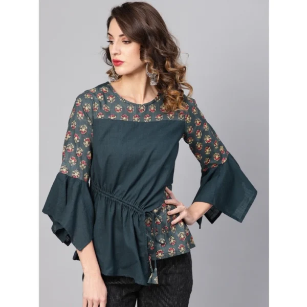 Women's Casual Bell Sleeves Floral Printed Cotton Slub Top (Grey) - Image 5