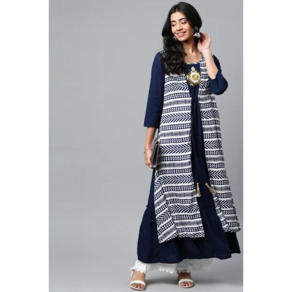 Women's Casual 3/4 th Sleeve Geometric Rayon Kurti (Navy Blue) - Image 3