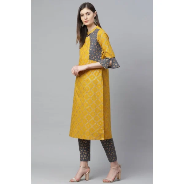 Women's Casual Bell Sleeves Geomatrical Printed Cotton Kurti Set (Yellow) - Image 5