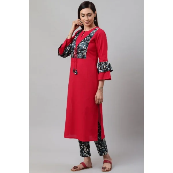 Women's Casual Bell Sleeves Floral Printed Cotton Kurti Set (Rani Pink) - Image 4