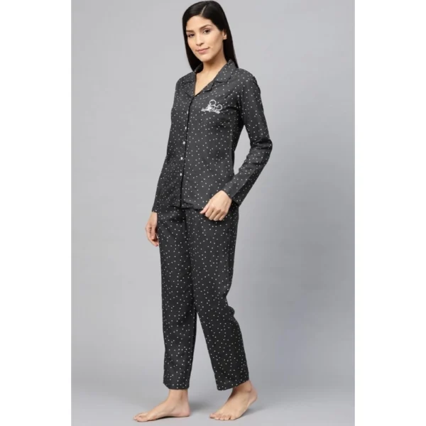 Women's Casual Full Sleeves Polka Dot Printed Rayon Shirt With Pyjama Pant Night Suit Set (Grey) - Image 3