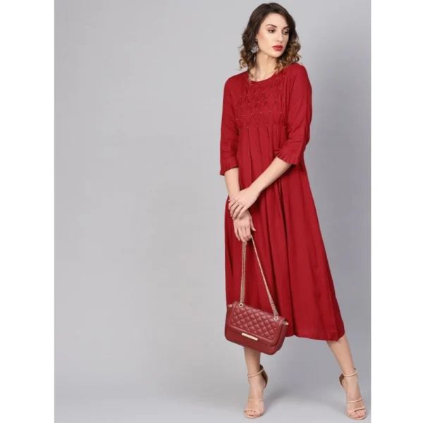 Women's Casual 3/4 th Sleeve Solid Rayon Dobby Dress (Maroon) - Image 5