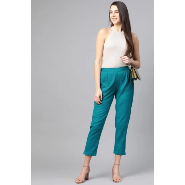 Women's Casual Solid Cotton Slub Trouser Pant (Rama Blue) - Image 3