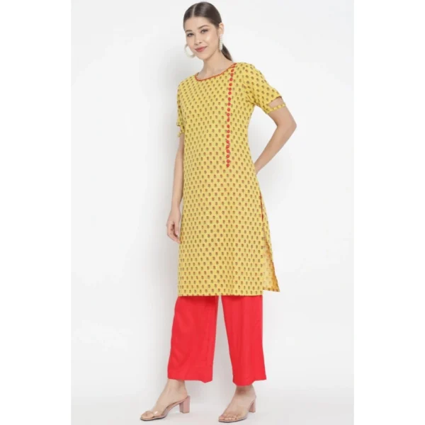 Women's Casual Short Sleeves Floral Printed Cotton & Rayon Kurti Palazzo Set (Yellow & Red) - Image 3
