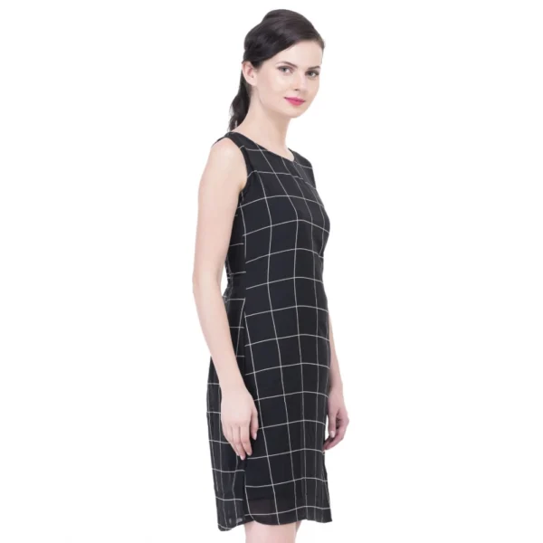 Women's Cotton Blend Checked Sleeveless Sheath Dress (Black) - Image 3