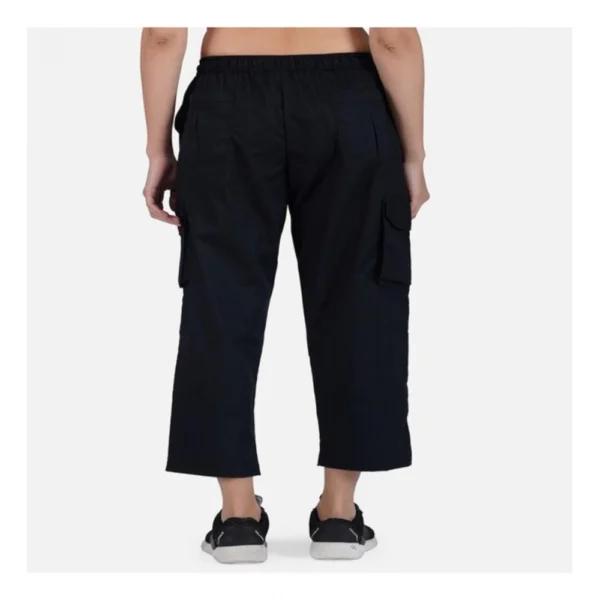 Women's Casual Cotton Solid Cargo Pants (Black) - Image 3