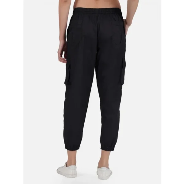 Women's Casual Cotton Solid Elastic with Drawstring Cargo Pants (Black) - Image 3