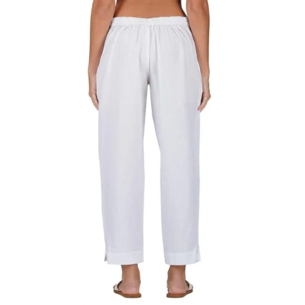Women's Casual Cotton Flax Solid Adjustable Waist Trouser Pants (White) - Image 3