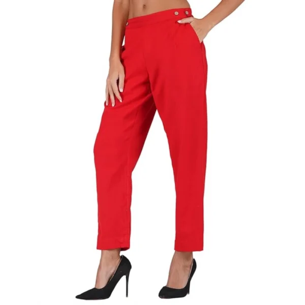 Women's Casual Cotton Flax Solid Adjustable Waist Trouser Pants (Red) - Image 3