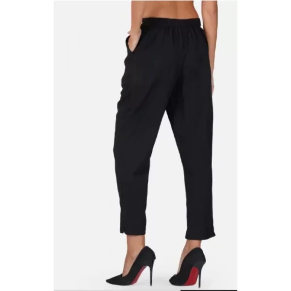 Women's Casual Cotton Flax Solid Adjustable Waist Trouser Pants (Black) - Image 3