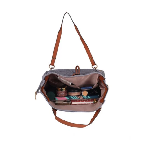 Women's Faux Leather Textured Tote Bag (Grey) - Image 2
