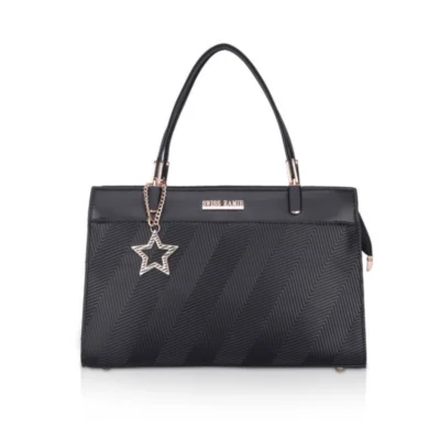 Women's Faux Leather Textured Adjustable Long Belt Handbag (Black)