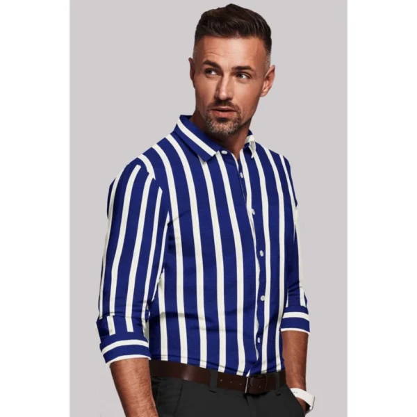 Men's Cotton Blended Striped Full Sleeve Shirt (White-Blue) - Image 4