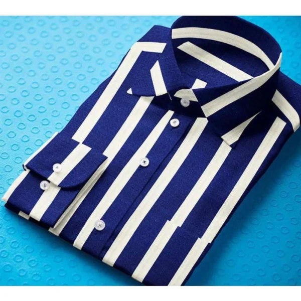 Men's Cotton Blended Striped Full Sleeve Shirt (White-Blue) - Image 3