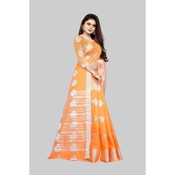 Women's Cotton Silk Floral Saree With Unstitched Blouse (Orange, 5.5 Mtr) - Image 4
