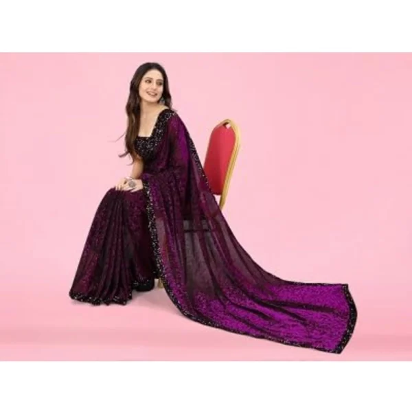 Women's Lycra Floral Saree With Unstitched Blouse (Wine, 5.5 Mtr) - Image 3