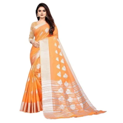 Women's Cotton Silk Floral Saree With Unstitched Blouse (Orange, 5.5 Mtr)