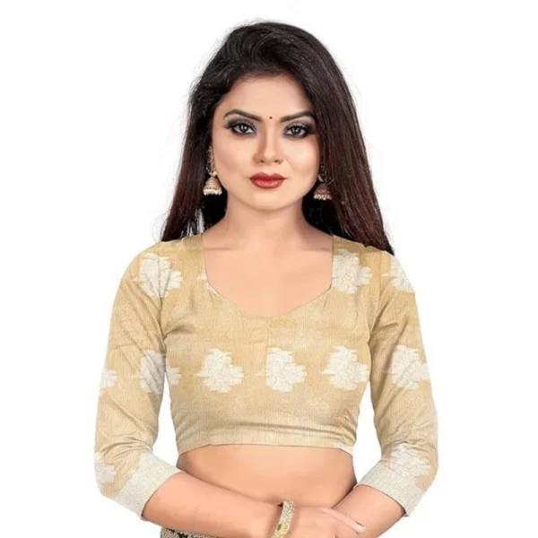 Women's Cotton Silk Floral Saree With Unstitched Blouse (Beige, 5.5 Mtr) - Image 3