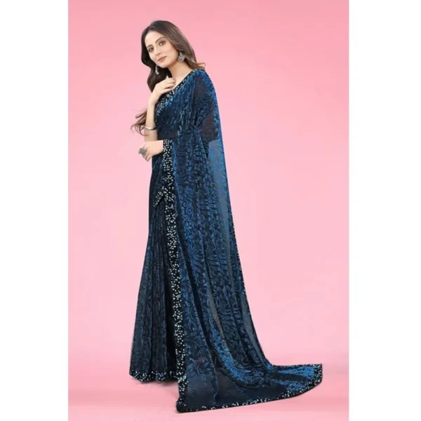 Women's Lycra Floral Saree With Unstitched Blouse (Blue, 5.5 Mtr) - Image 5