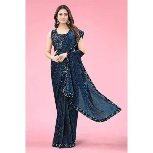 Women's Lycra Floral Saree With Unstitched Blouse (Blue, 5.5 Mtr) - Image 4