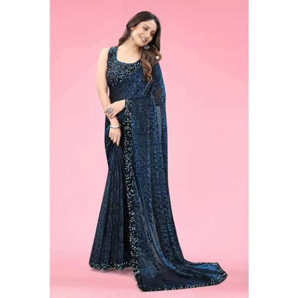 Women's Lycra Floral Saree With Unstitched Blouse (Blue, 5.5 Mtr) - Image 3