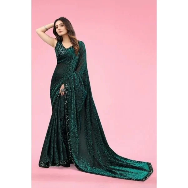 Women's Lycra Floral Saree With Unstitched Blouse (Green, 5.5 Mtr) - Image 4