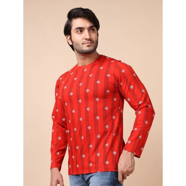 Men's Casual Cotton Printed Round Neck Full Sleeve T-Shirt (Red) - Image 3