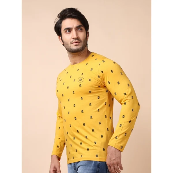 Men's Casual Cotton Printed Round Neck Full Sleeve T-Shirt (Mustard) - Image 3