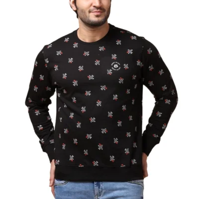 Men's Casual Cotton Printed Round Neck Full Sleeve Sweat T-Shirt (Black)