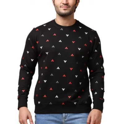 Men's Casual Cotton Printed Round Neck Full Sleeve Sweat T-Shirt (Black)