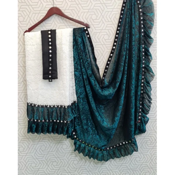 Women's Silk With Mirror Lace Solid Saree With Unstitched Blouse (Rama, 5-5 Mtrs) - Image 2