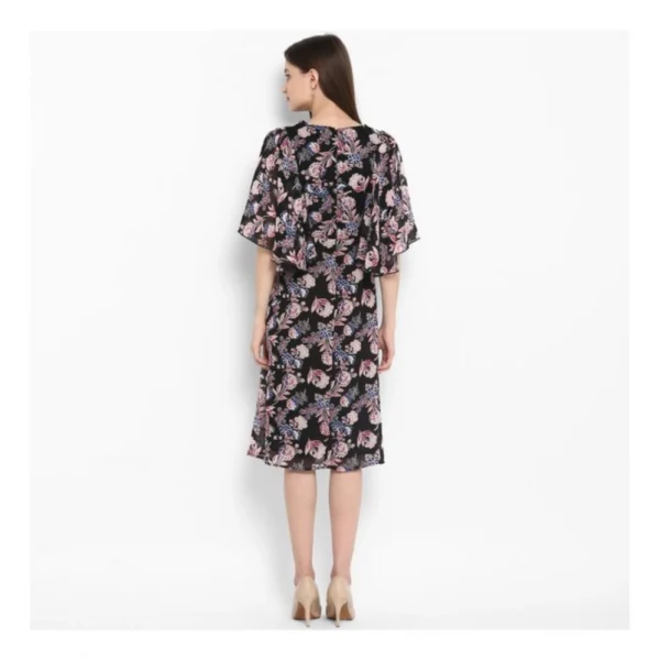 Women's Polyester Floral Short Sleeve Knee-Length Dress (Black - Multicolor) - Image 7