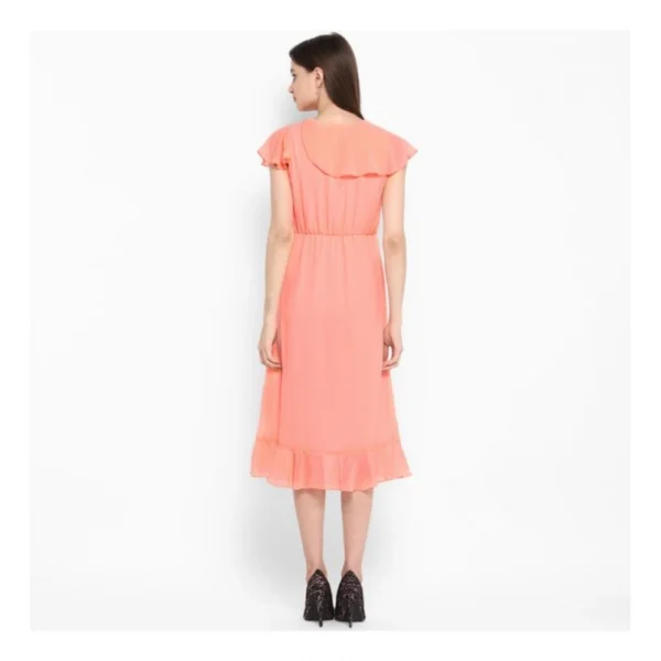 Women's Polyester Ruffled Cap Sleeve Below Knee Dress (Neon Pink) - Image 7