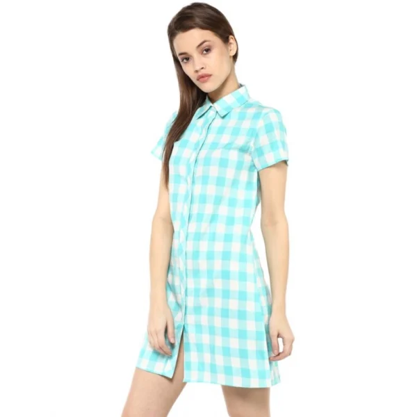 Women's Rayon Checkered Short Sleeve Above Knee Dress (SkuBlue - White) - Image 3