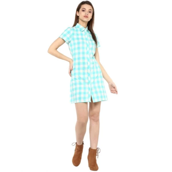 Women's Rayon Checkered Short Sleeve Above Knee Dress (SkuBlue - White) - Image 6