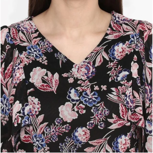 Women's Polyester Floral Short Sleeve Knee-Length Dress (Black - Multicolor) - Image 2
