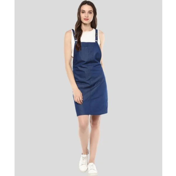 Women's Denim Solid Shoulder Straps Above Knee Dress (Blue) - Image 5