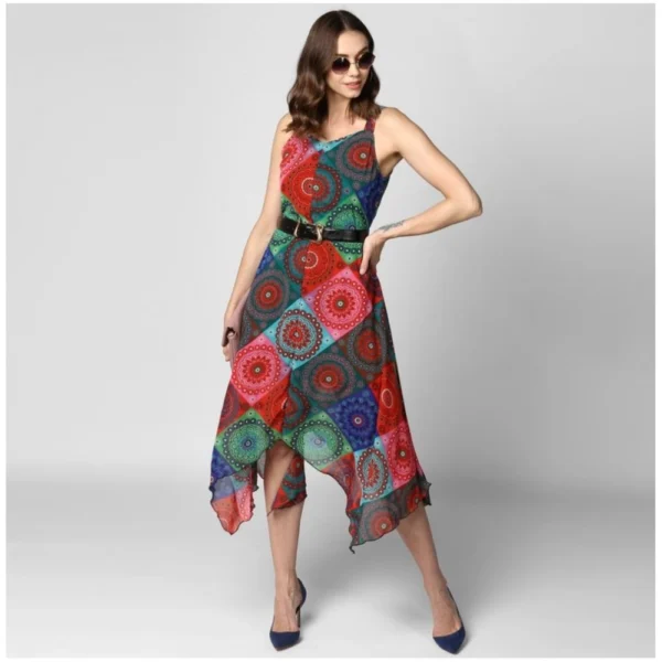 Women's Polyester Asymmetrical Shoulder Straps Knee-Length Dress (Multicolor) - Image 6