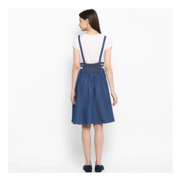 Women's Denim Solid Shoulder Straps Below Knee Dress (Blue) - Image 7