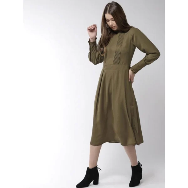 Women's Polyester Pintuck Long Sleeves Below Knee Dress (Olive) - Image 3