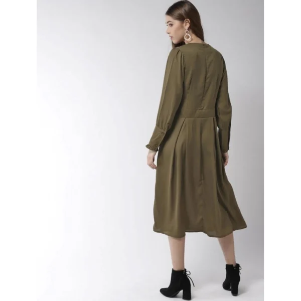 Women's Polyester Pintuck Long Sleeves Below Knee Dress (Olive) - Image 6