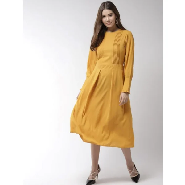 Women's Polyester Pintuck Long Sleeves Below Knee Dress (Yellow) - Image 3