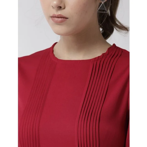 Women's Polyester Pintuck Long Sleeves Below Knee Dress (Red) - Image 2