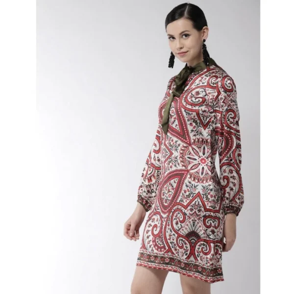 Women's Polyester Printed Long Sleeves Above Knee Dress (Red) - Image 5