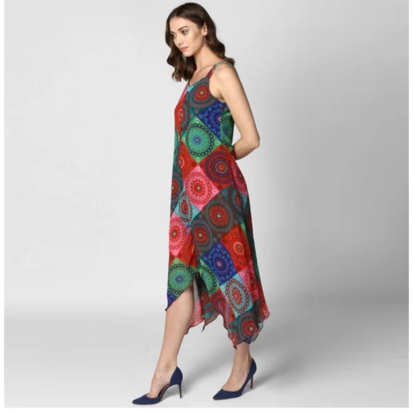 Women's Polyester Asymmetrical Shoulder Straps Knee-Length Dress (Multicolor) - Image 3