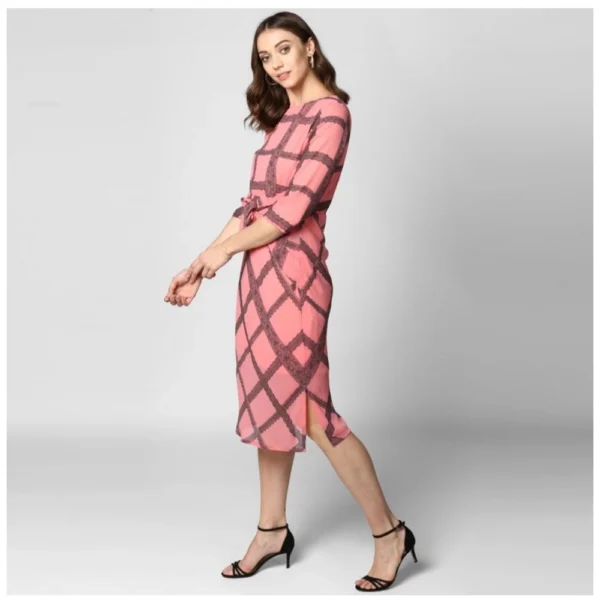 Women's Polyester Checkered 3-4th Sleeves Below Knee Dress (Pink - Black) - Image 3