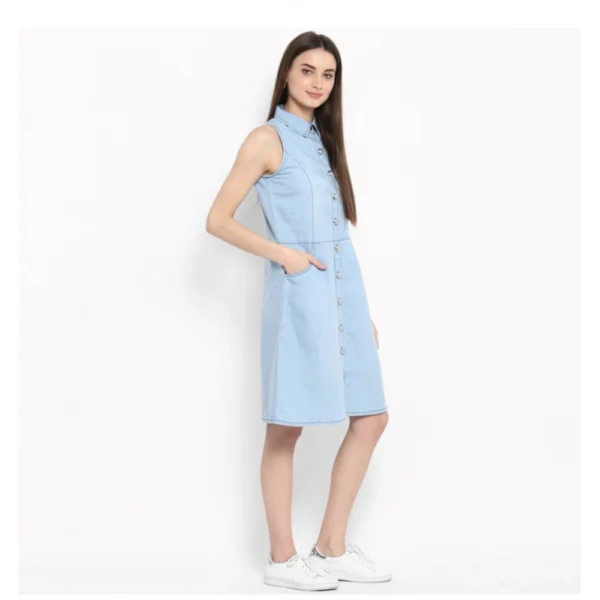 Women's Denim Solid Sleeveless Below Knee Dress (Blue) - Image 4
